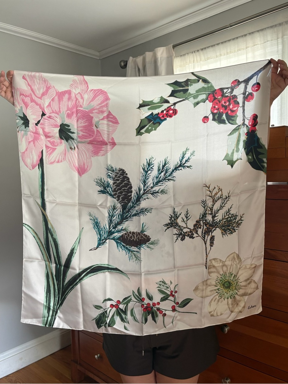 Echo Floral & Botanical Silk Scarf in Pink, Green & Cream
